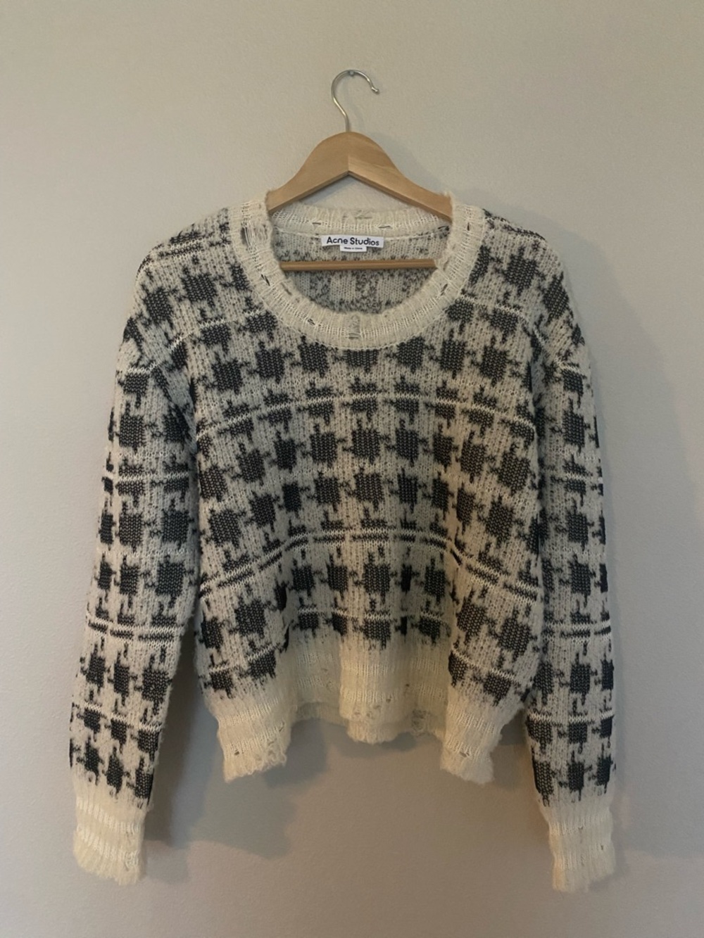 Acne Cream and Black Houndstooth Crewneck Sweater